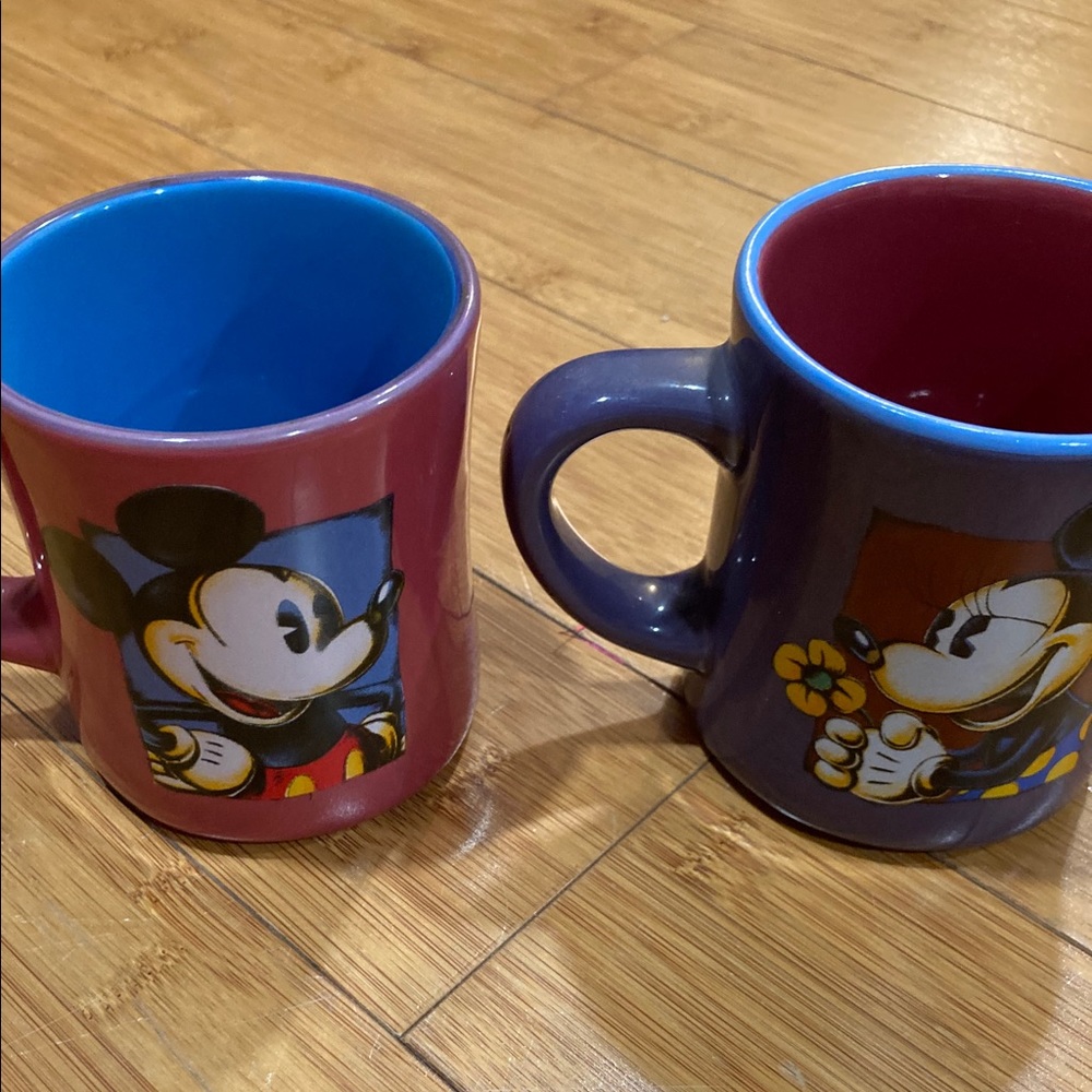 2 DISNEY Mickey Mouse and Minnie Mouse Pair of Coffee Mugs His N Hers Pink Blue